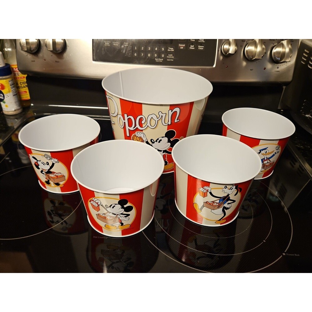 Disney Vintage Popcorn Buckets Set Of 5 New Mickey Metal